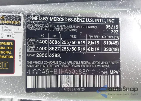 2015 Mercedes-Benz Ml 350 4Matic from USA, damaged, VIN 4JGDA5HB1FA606889